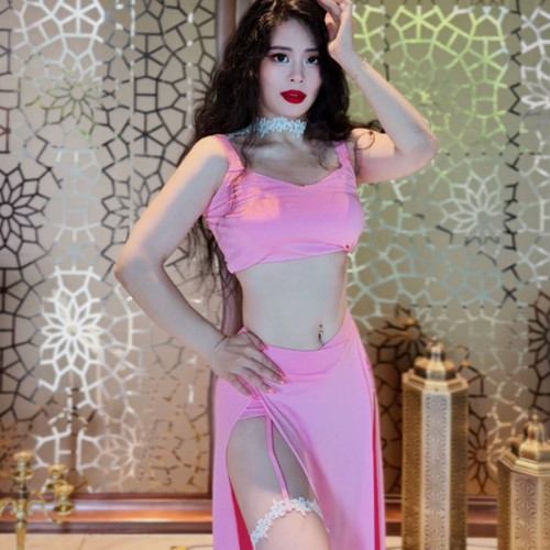 佐寒梦璐肚皮舞新款高级演出套装显瘦表演服性感气质班服蕾丝白粉