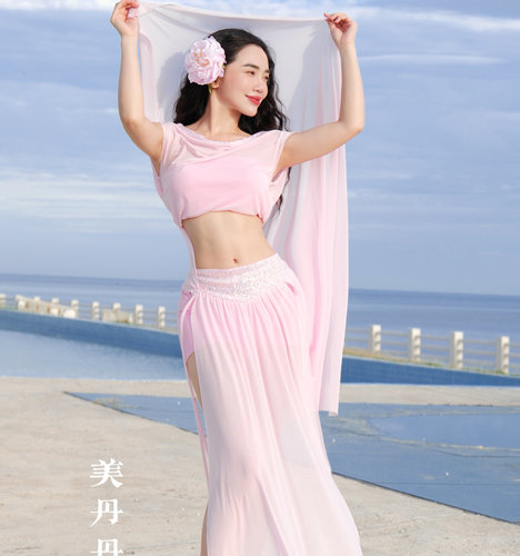 佐寒梦璐肚皮舞新款高级粉色演出套装显瘦表演服气质班服大摆裙