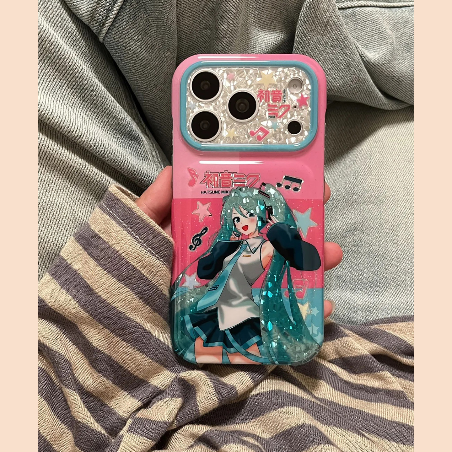 拼接粉底钻纹蓝发初音未来适用苹手机保护套/壳
