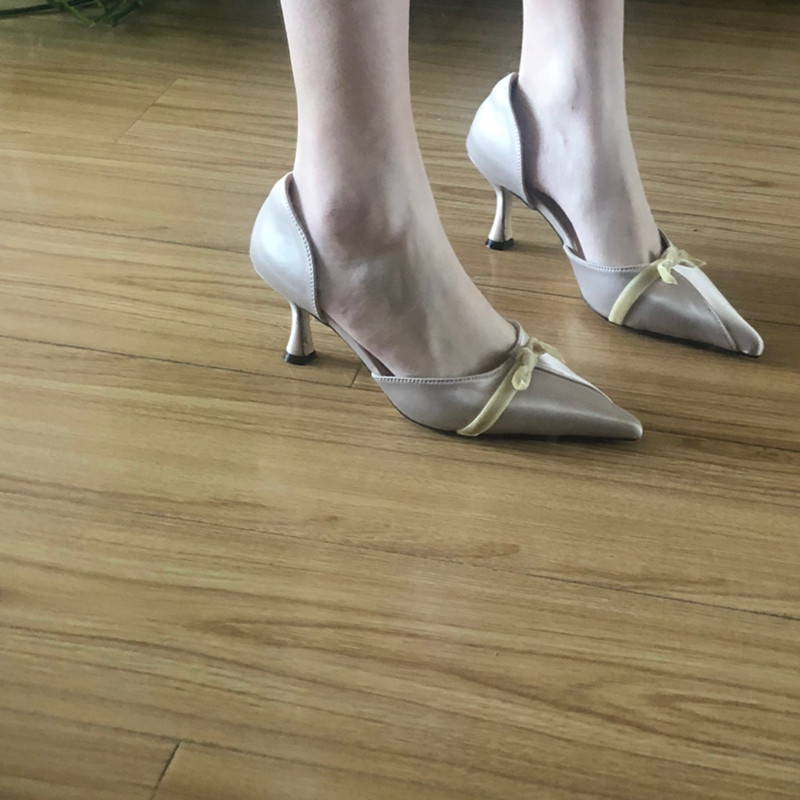 【兜兜皮】尖头复古蝴蝶结简约中空后包纯手工制作高跟单鞋送带子