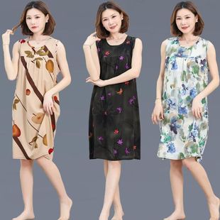 裙子中老年人妈妈夏装 人造棉睡裙女款 无袖 夏季 家居服棉绸睡衣 新款