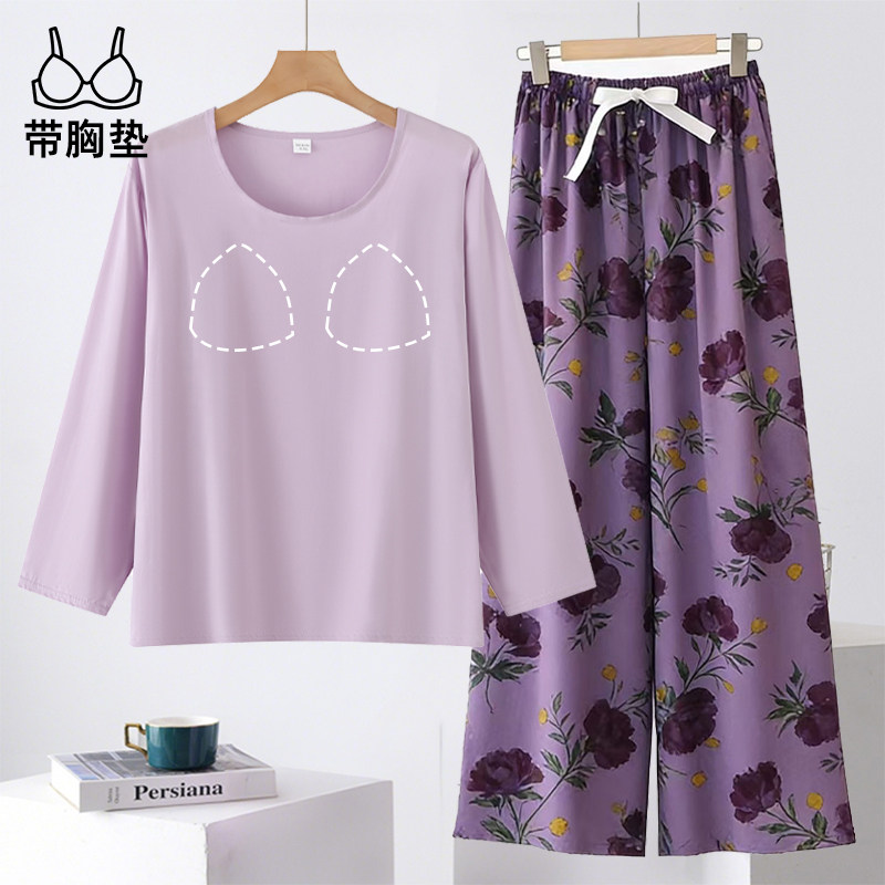 棉绸带胸垫防凸点女睡衣套装图片