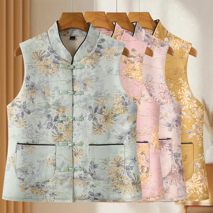 妈妈冬装麂皮绒马甲女款中老年人国风盘扣加绒保暖坎肩唐装小马褂