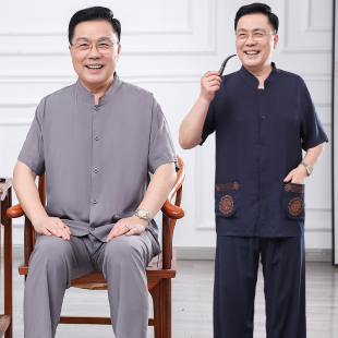 老爷爷开衫棉绸套装60岁70男装夏季人造棉睡衣男士中老年爸爸夏装