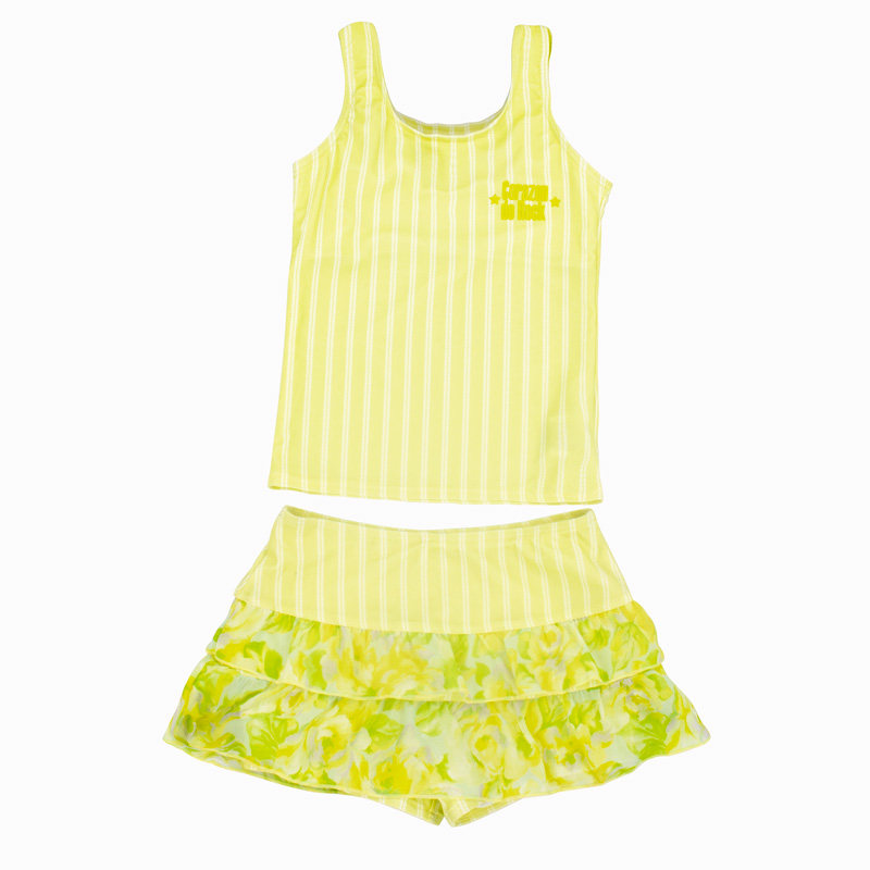 儿童游泳衣日单女童分体条纹荧光色速干保守平角裤裙式可爱游泳衣