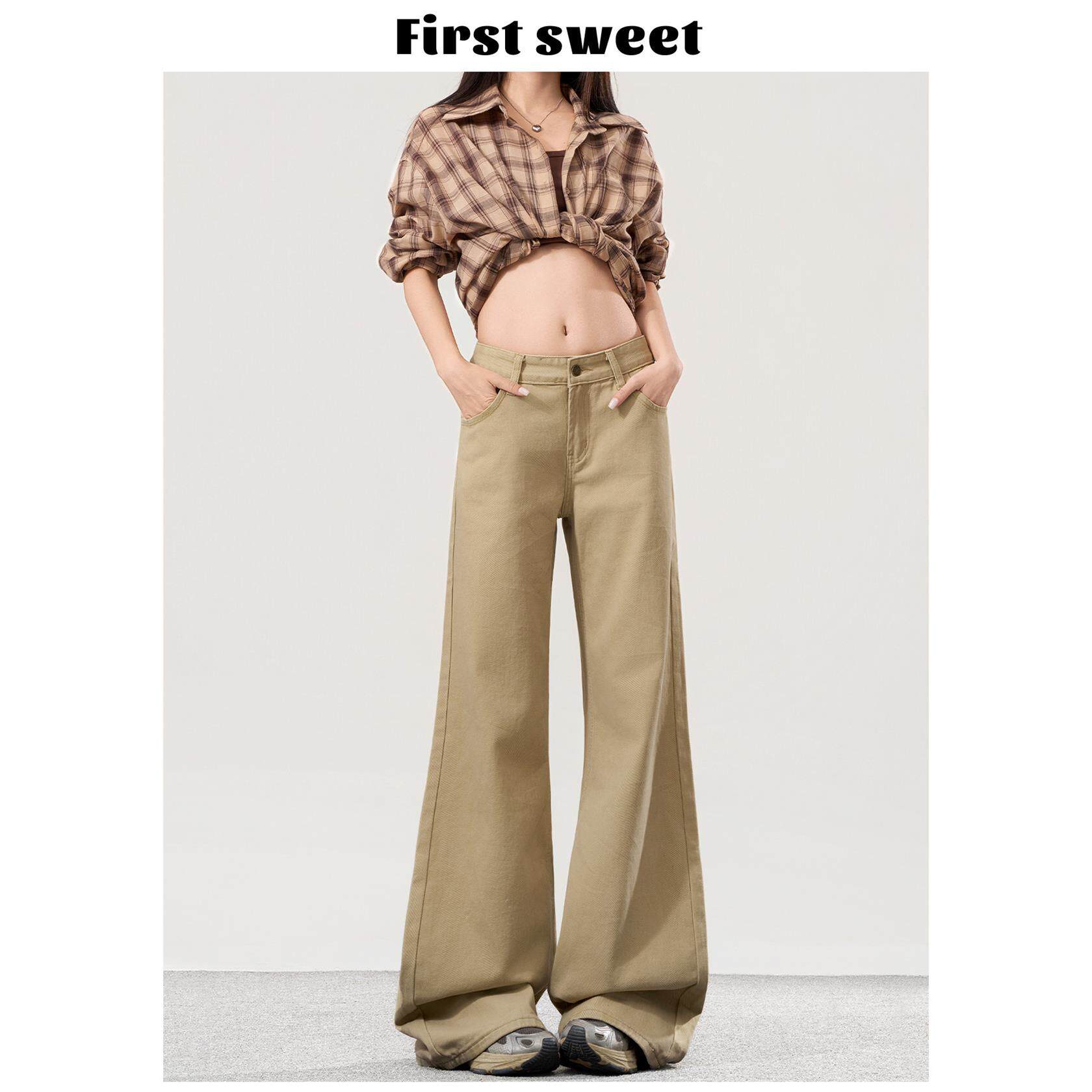 卡其色微喇牛仔裤女秋冬加绒新款宽松显瘦小个子美式低腰喇叭裤子