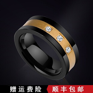 轻奢高档戒指男金色锆石时尚潮食指单身宽版霸气可刻字古风指环男