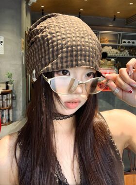 废土风复古格纹包头帽女夏薄款大头围宽松冷帽堆堆帽百搭套头帽子
