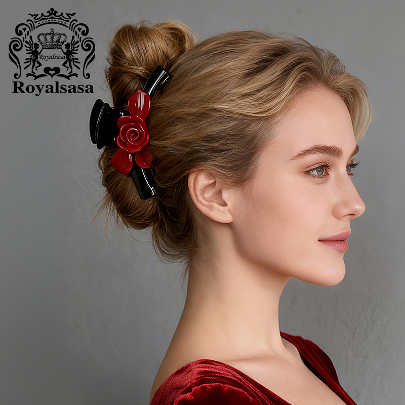 皇家莎莎复古撞色花朵发抓高级感盘发鲨鱼夹新年喜庆红色抓夹饰品