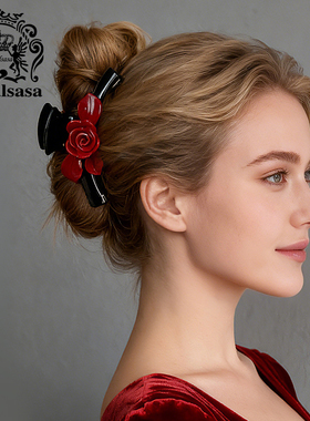 皇家莎莎复古撞色花朵发抓高级感盘发鲨鱼夹新年喜庆红色抓夹饰品