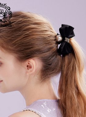 皇家莎莎优雅水钻黑色蝴蝶结发圈头饰高级感发饰珍珠发绳
