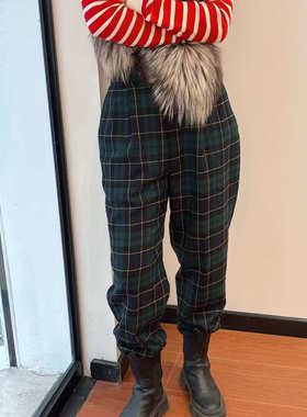 绿色格纹vintage萝卜裤