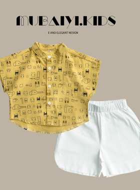 满印卡通！儿童短袖衬衫夏装男童立领卡通宝宝小童洋气半袖纯棉潮