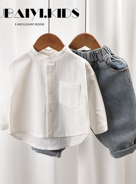 男童白色衬衫！儿童长袖衬衫春装立领纯色宝宝婴幼儿韩范纯棉衬衣