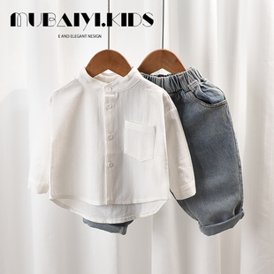 男童白色衬衫!儿童长袖衬衫春装立领纯色宝宝婴幼儿韩范纯棉衬衣