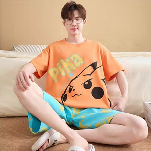 短袖 睡衣夏季 短裤 纯棉青少年大码 2026新款 宽松可爱家居服套装 男士