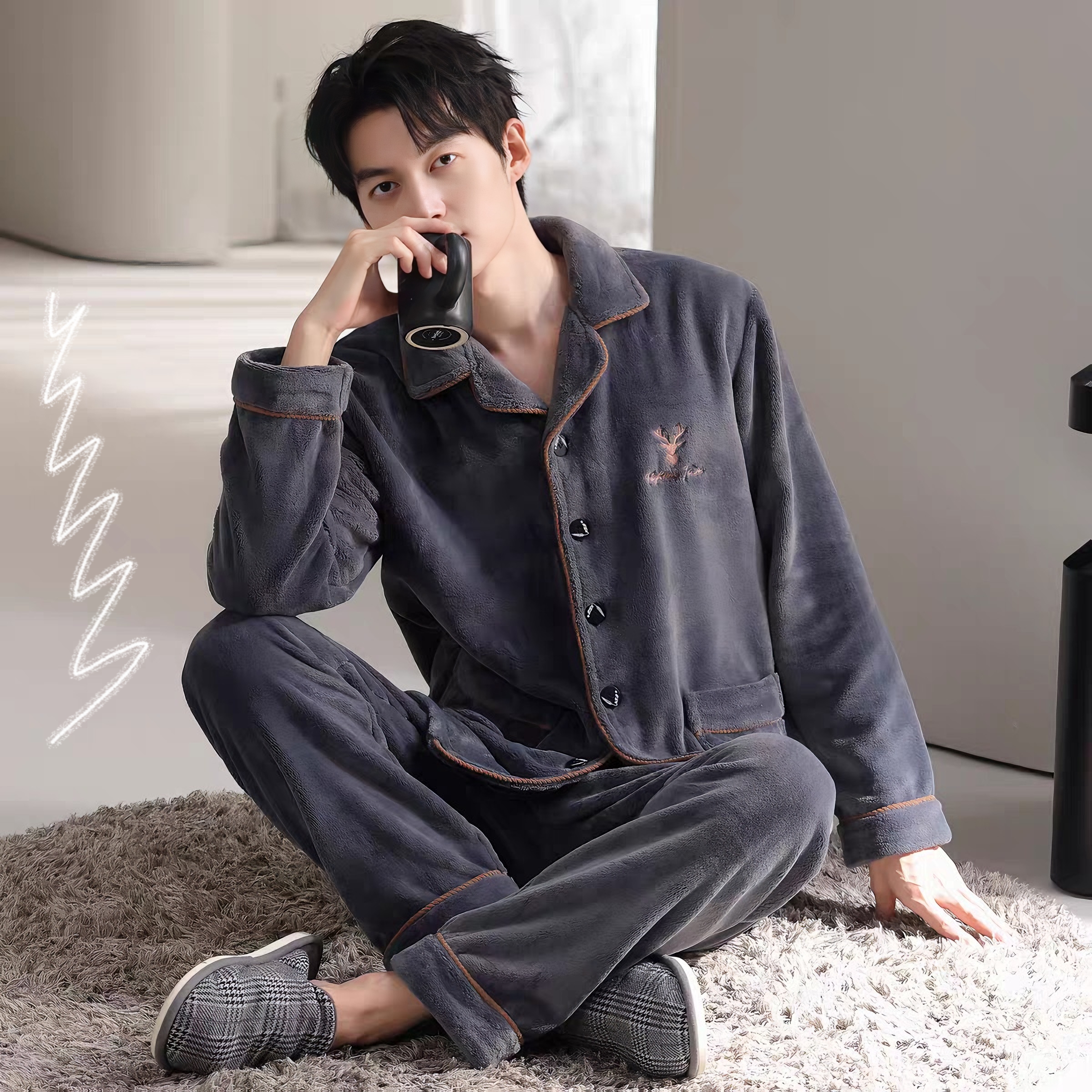 新款珊瑚绒睡衣男士冬季新款保暖加厚法兰绒青少年开衫长袖家居服