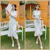 夏季 民国风绣花蕾丝雪纺鱼尾裙摆杏色挂脖旗袍连衣裙 新式