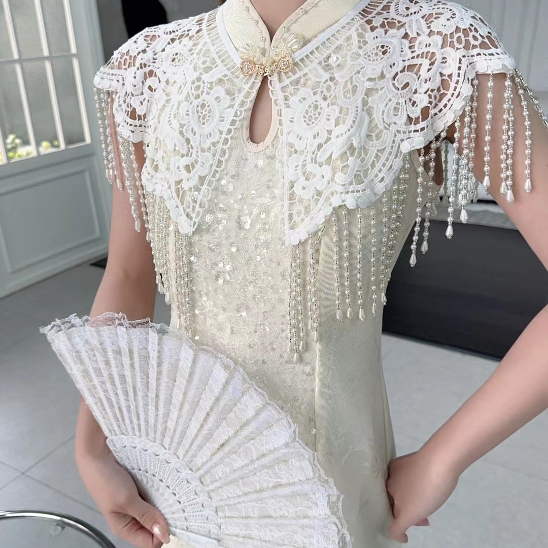 珍珠流苏云肩蕾丝镂空搭配旗袍小披肩白色新中式汉服外搭重工现代