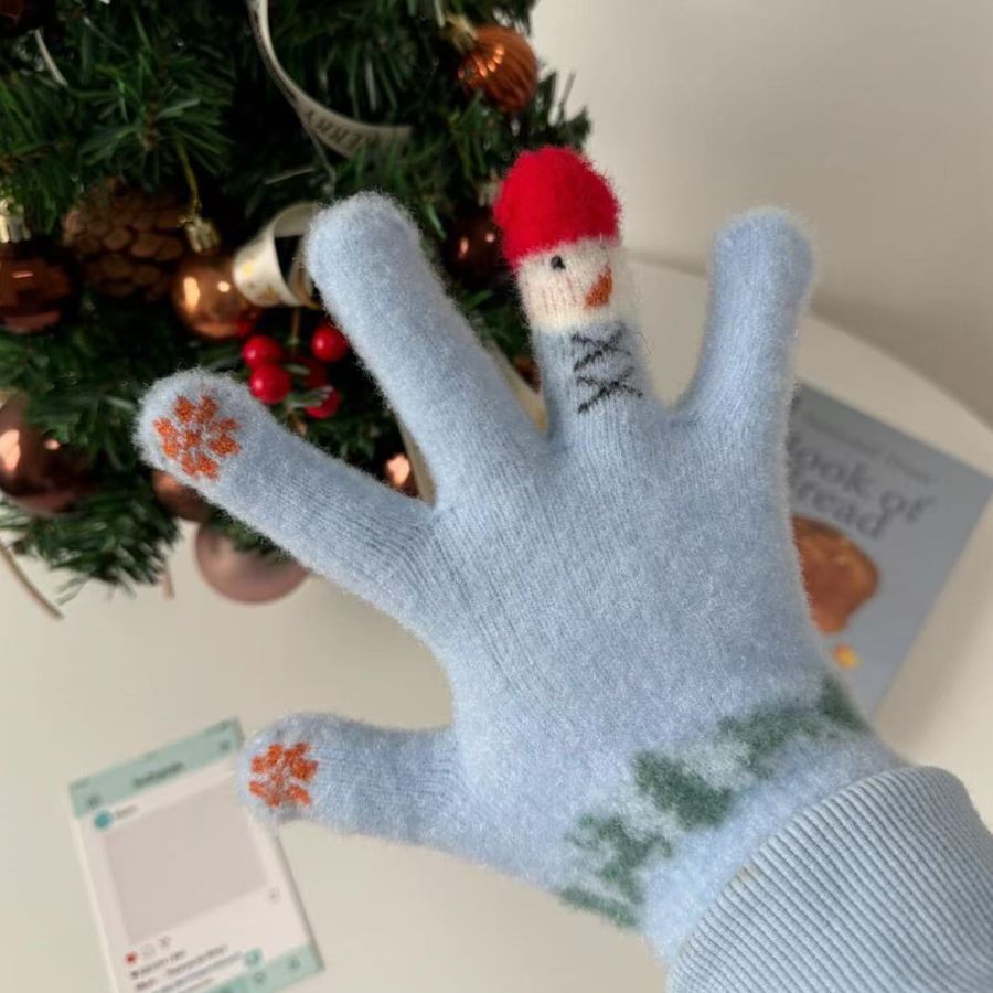 冬季蓝色圣诞红帽小雪人触屏手套女暖冬氛围感保暖防寒学生骑车