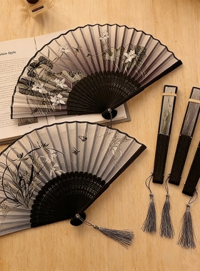 中国折叠折扇扇子随身携带古风汉服古装舞蹈中式旗袍夏天黑色竹扇
