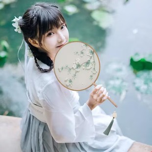 团扇古风扇子女手工中式 长柄流苏古典旗袍宫廷扇 团扇汉服舞蹈女式