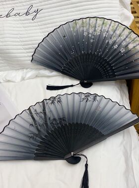 扇子夏天便携古风绿色折扇女式随身古典中国风汉服旗袍折叠小扇子