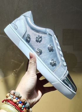 agz cl精致款CL女鞋红底低帮水钻水晶款银色真皮系带休闲透气板鞋