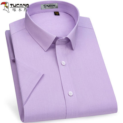 啄木鸟短袖衬衫男浅紫色隐条纹商务正装弹力免烫抗皱夏季男士衬衣