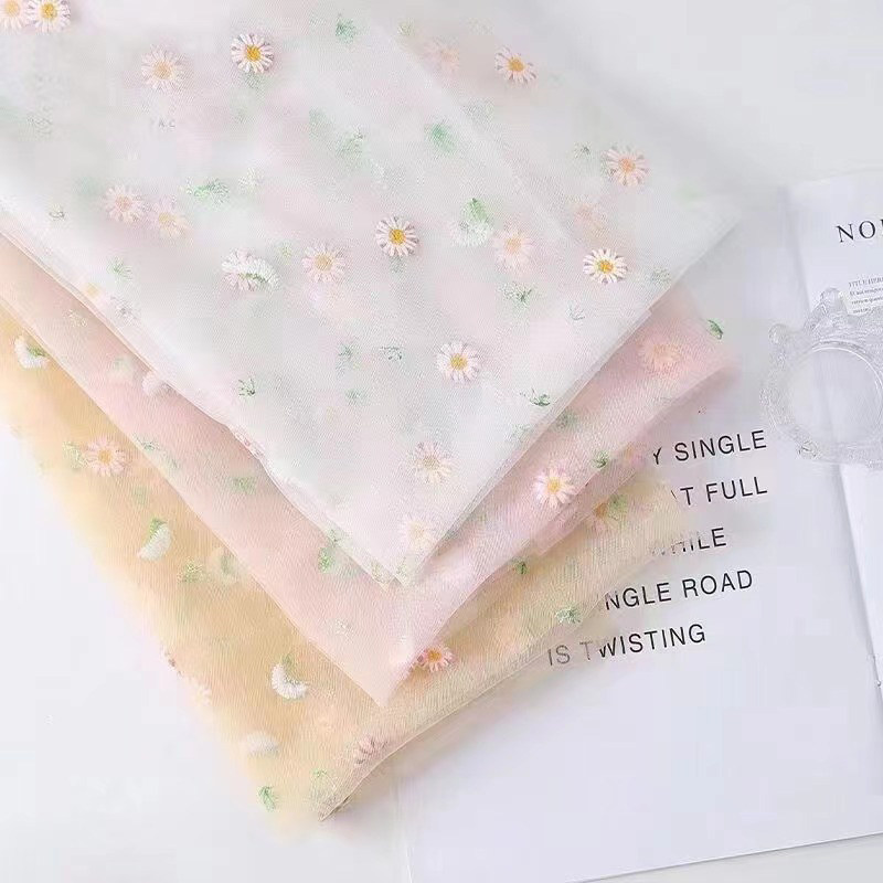 清新小雏菊网纱绣花仙女纱花束手工包花纸拍照背景纱鲜花包装材料