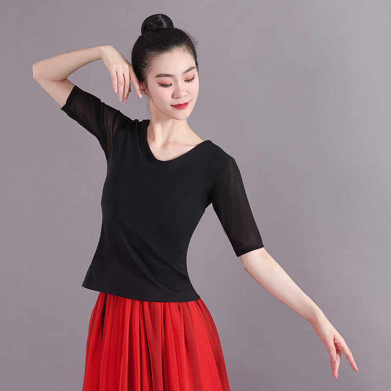 莫代尔中袖广场舞上装女圆领舞蹈衣拉丁古典舞跳舞修身练功演出服,运动/瑜伽/健身/球迷用品,广场舞上装,淘宝优惠券,粉丝福利购,淘宝优惠卷