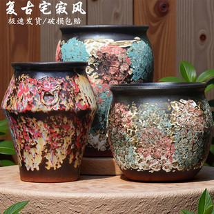 手工侘寂风大号粗陶陶瓷花盆手绘陶罐透气庭院造景多肉花盆绿植盆