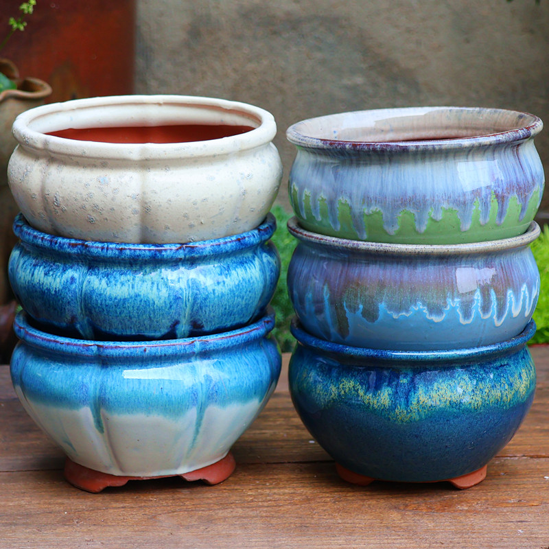 多肉花盆陶瓷粗陶透气大号口径花盆简约带脚透气紫砂花盆绿植盆