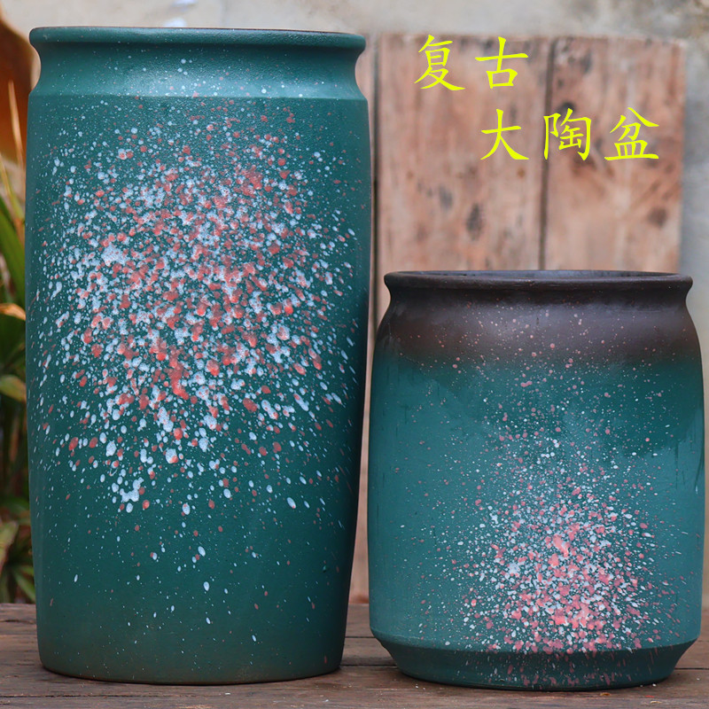 大号复古粗陶花盆透气手绘高筒