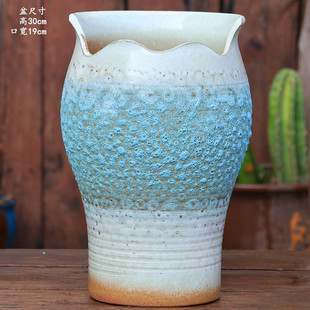 手工粗陶大高缺口老桩多肉陶瓷花盆直筒浅切口透气陶罐绿植大口盆