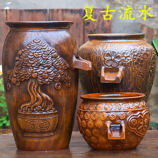 复古水培无孔花盆高低陶罐庭院鱼缸造景摆件水循环过滤流水摆件