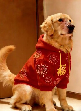 大型犬狗狗衣服喜庆红色秋冬新款金毛拉布拉多边牧加绒卫衣过年衫