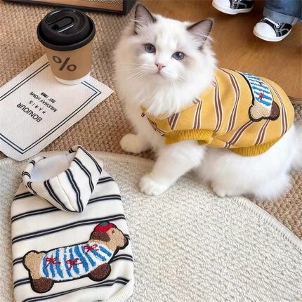 秋冬德绒保暖布偶波斯幼猫小型犬防掉毛宠物服装潮猫咪条纹连帽衫