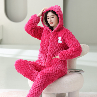冬季新款女士三层加厚睡衣夹棉珊瑚绒女生法兰绒冬季保暖睡