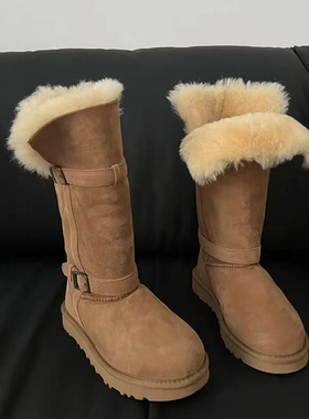 2025新款羊皮毛一体雪地靴皮带扣中高筒加厚绒棉两穿不过膝长靴女