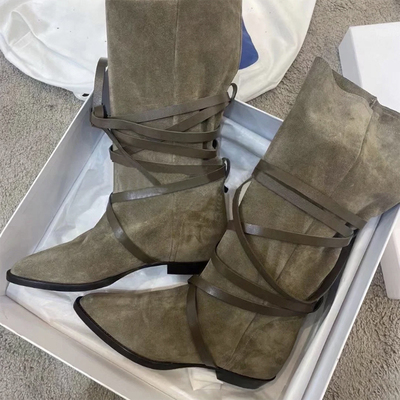 阿希哥同款尖头绒面绑带西部长靴