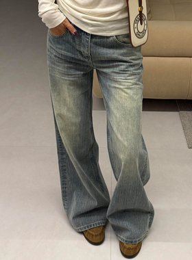 nbs【现货】宅女同款复古水洗立体猫须压褶中低腰牛仔休闲裤女潮