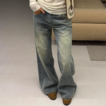 nbs【现货】宅女同款复古水洗立体猫须压褶中低腰牛仔休闲裤女潮