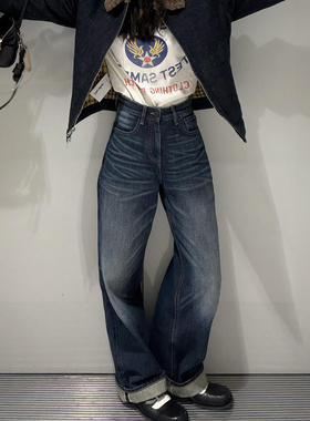 【现货】at款080H高腰100棉复古深蓝直筒阔腿牛仔裤女宅女小众潮