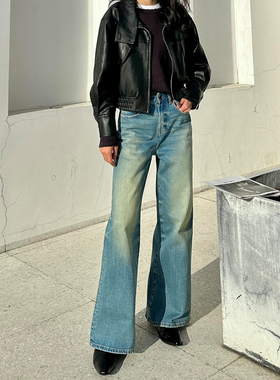 【高端系列】意式复古水洗怀旧中高腰宽松显瘦阔型微喇牛仔裤女潮