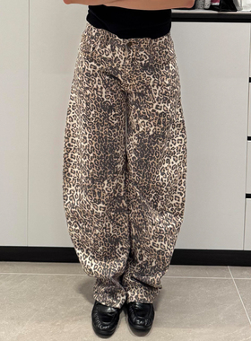 【现货】澳洲小众lion马蹄宽松豹纹印花牛仔休闲裤松弛感弯刀裤女