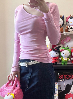 宅女】可拆卸斜肩天丝羊毛上衣女 粉色/咖色 修身显瘦长袖针织T恤
