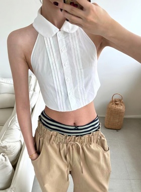 R*A【现货】娃娃领露背可调节衬衫领子新款吊带款短无袖内搭上衣