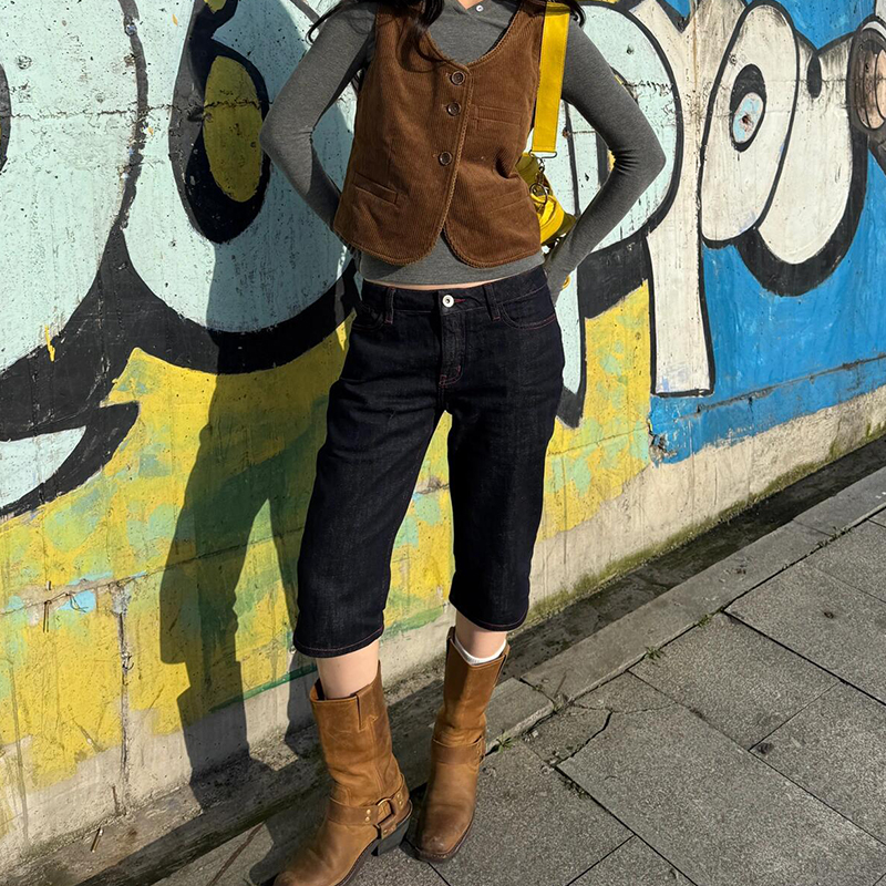 宅女同款红色锋线七分原牛仔裤