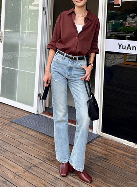 【司林】法式高端修身微喇叭牛仔裤 中高腰纯棉无弹极简风长裤女